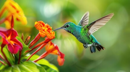 Obraz premium A vibrant image of a hummingbird in flight near a colorful flower. Perfect for nature and wildlife concepts