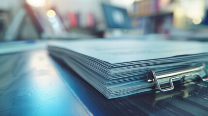 An extremely close-up view of a stack of office documents with paper clips and folders
