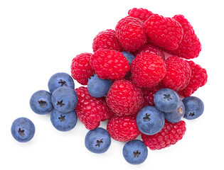 Wild Berries mix isolated on white background. Fresh raspberry and blueberry closeup. - 780864669