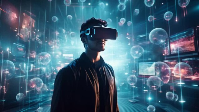  man wearing a VR headset designs a detailed virtual world. On the background is full of floating codes. 