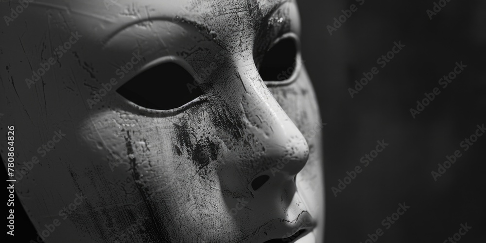 Poster a detailed shot of a mask on a table, suitable for various projects
