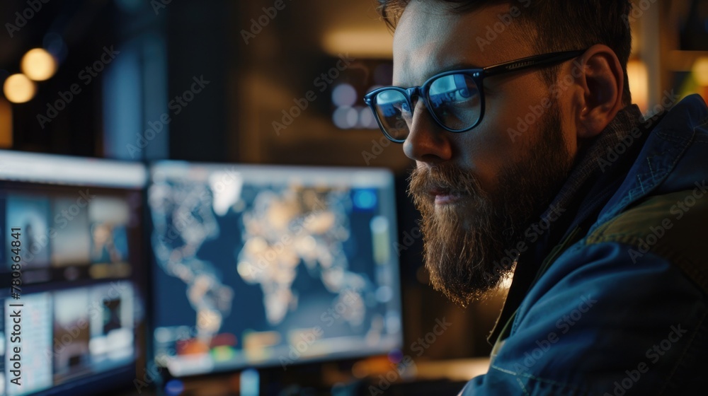 Aufkleber A man with a beard and glasses looking at a computer screen. Suitable for technology and business concepts