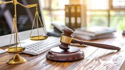 A conceptual image of a judge's gavel resting on a computer