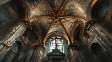 Interior of an old church with a prominent cross on the ceiling. Suitable for religious or historical themes - obrazy, fototapety, plakaty