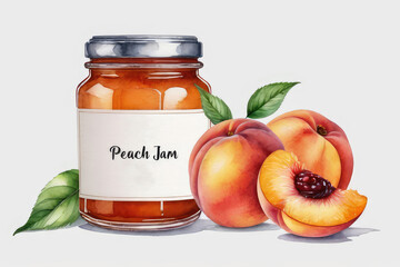 Peach jam or marmalade and fresh peach in watercolor style.