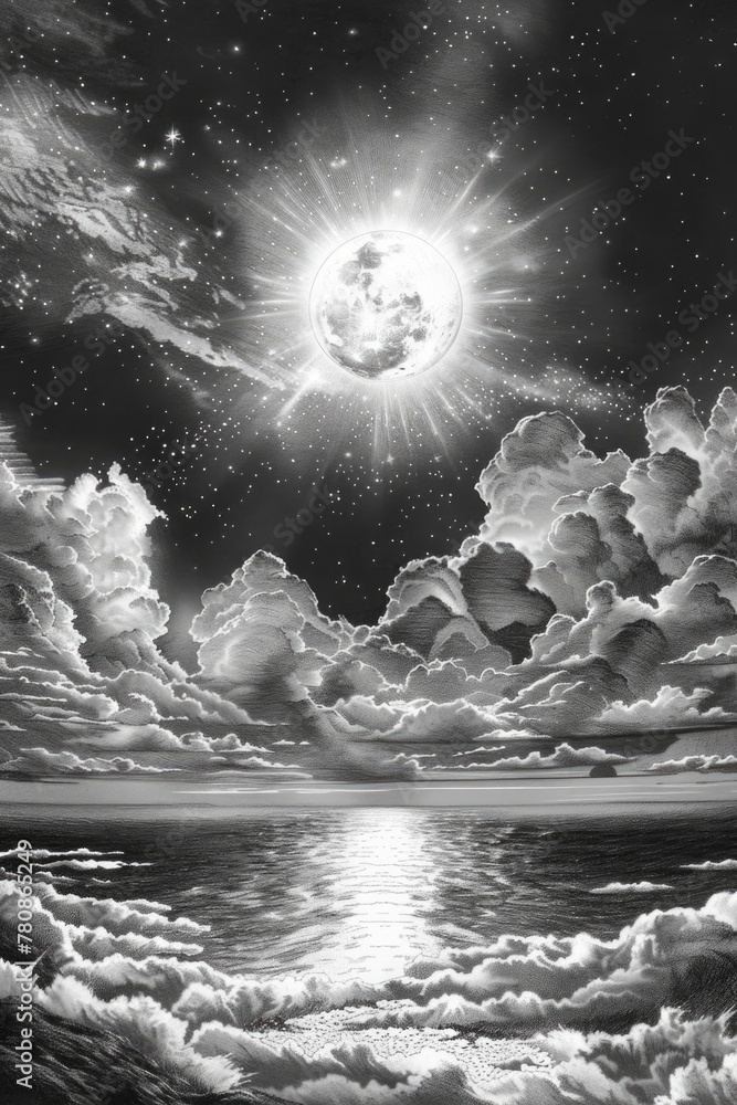 Poster a black and white painting of a sun and clouds. suitable for various design projects