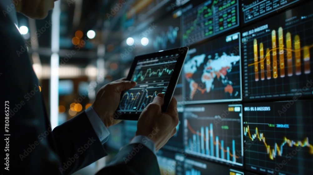 Poster a man in a suit holding a tablet computer. ideal for business concepts