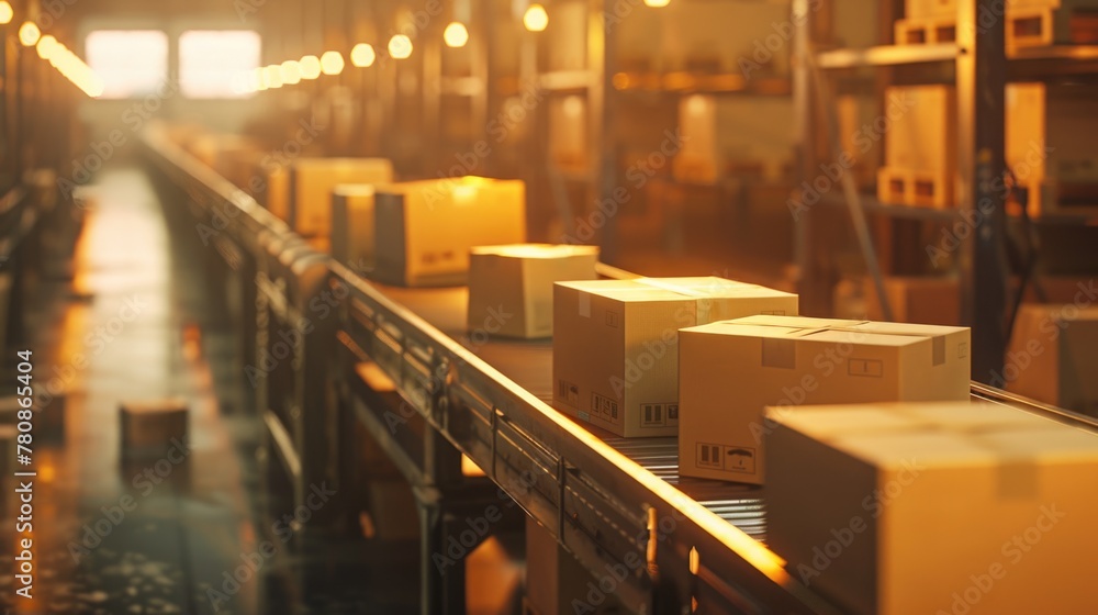 Poster industrial factory setting with boxes on a conveyor belt. suitable for manufacturing or production c