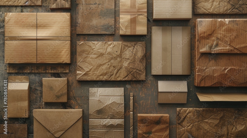 Poster brown boxes arranged neatly on a wooden table. suitable for packaging and storage concepts
