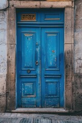 Blue door with a sign above it, suitable for various concepts and designs