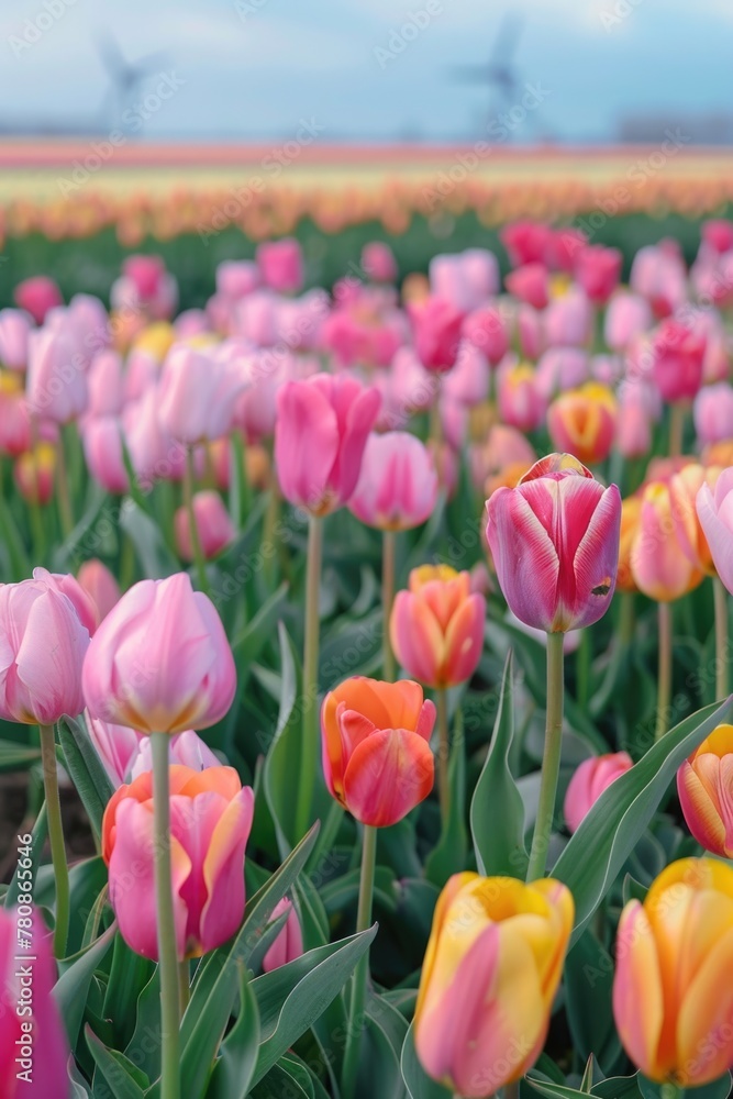 Poster a picturesque view of a tulip field with wind turbines in the background. ideal for nature or renewa
