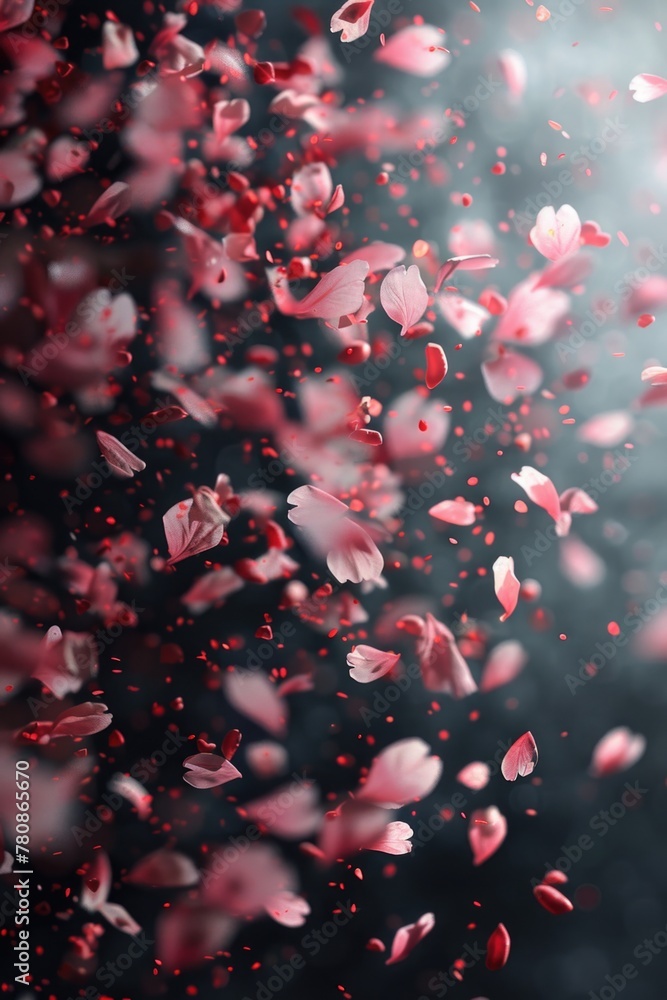 Poster red petals scattered in the air, suitable for various design projects