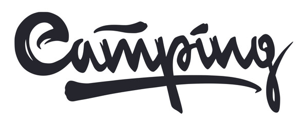 Stylish and creative camping handwritten typography design with calligraphy and script for outdoor adventure and leisure lifestyle vacation hobby recreation branding banner prints merchandise decals