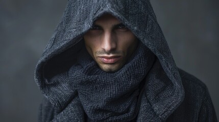 A man wearing a hooded jacket and scarf. Suitable for winter fashion concepts