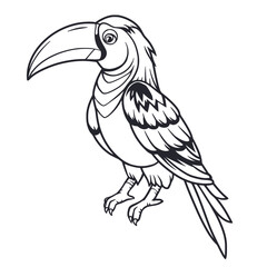 Naklejka premium Exotic toucan or tropical bird with big beak and colorful feathers for summer beach design of paradise jungle. Monochrome outline style or black and white lines