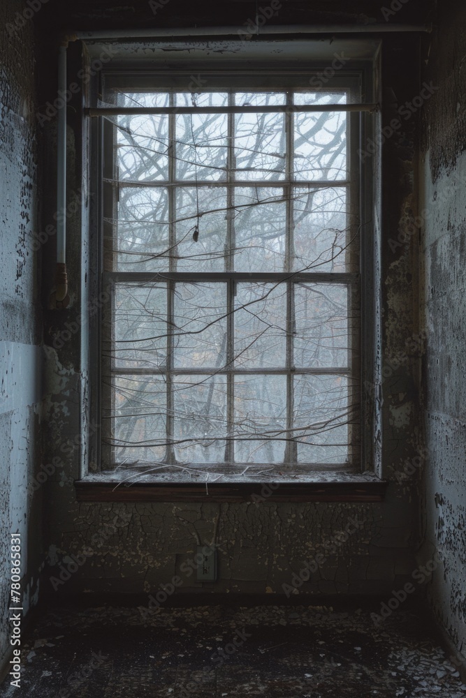 Poster A window in a run-down building with a tree outside. Suitable for architectural or nature themed projects