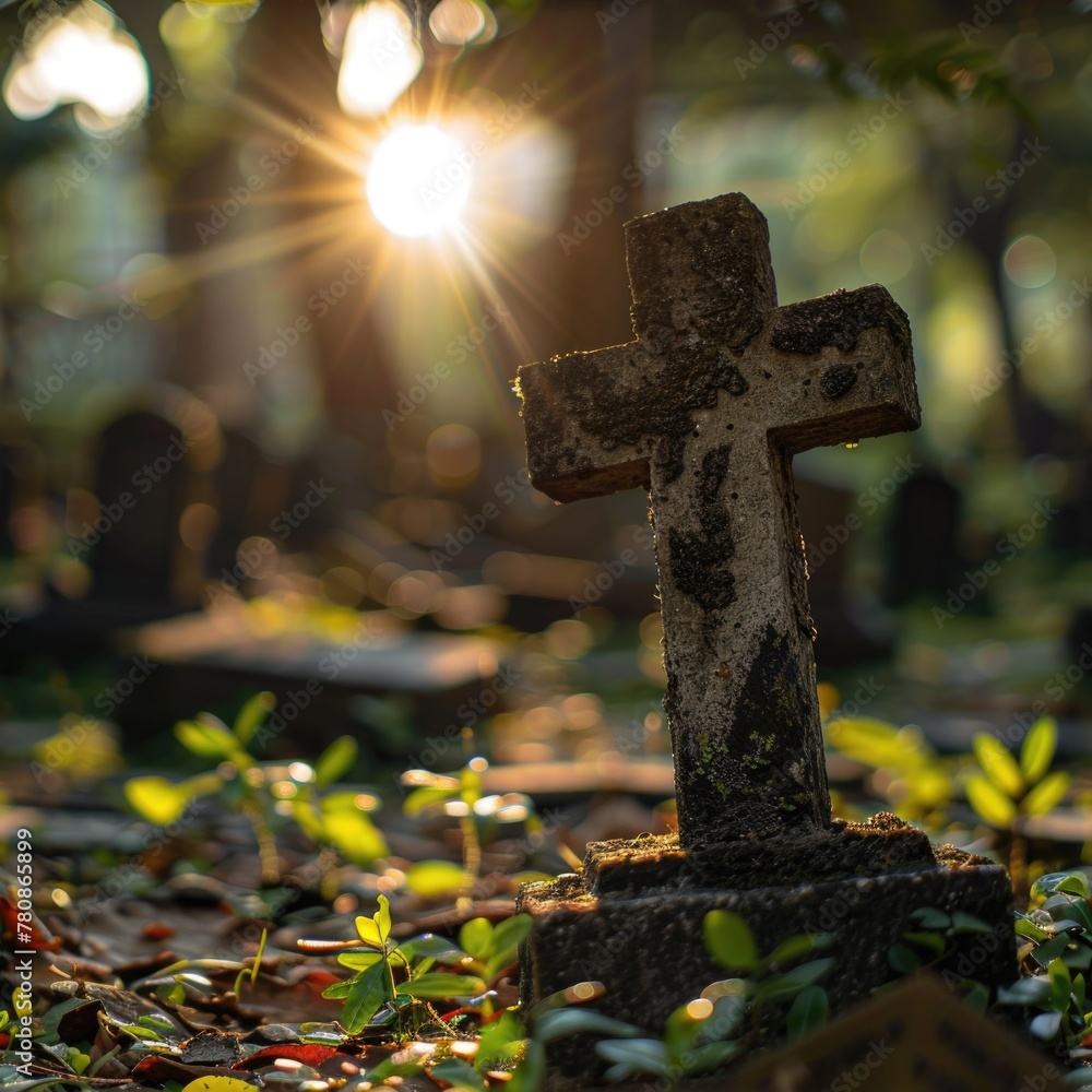 Poster stone cross in a serene forest setting, perfect for religious themes or nature concepts