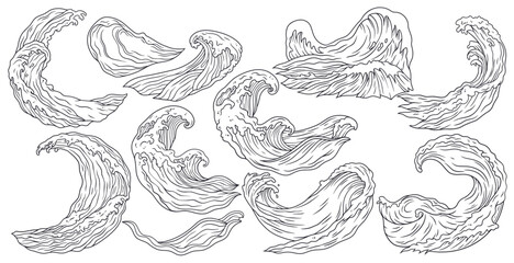 Exotic tropical surf waves set with foam for summer marine design. Stylized oceanic wave collection for nautical design with beach, sea and ocean for surfing or diving. Monochrome outline style