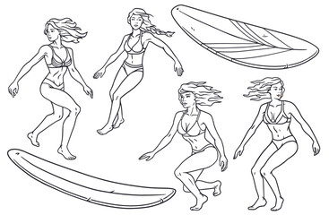 Extreme girl surfer set on surfboards for design of summer beach life. Active woman on surf board, wave for surfing, sea sport. Tropical exotic beach female collection for ocean design. Outline style