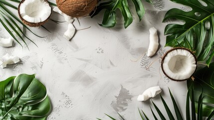 Fototapeta na wymiar Fresh coconuts and leaves on a white surface, perfect for tropical themed designs