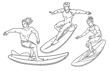 Extreme surfer set on surfboards for design of summer beach life. Active men on surf boards and wave for surfing or sea sport. Tropical exotic beach collection of elements. Monochrome outline style