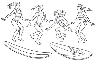 Extreme girl surfer set on surfboards for design of summer beach life. Active woman on surf board, wave for surfing, sea sport. Tropical exotic beach female collection for ocean design. Outline style