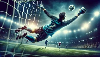 Fotobehang Soccer goalkeeper tries to catch the ball in a Football stadium, Generative AI © 212-Art