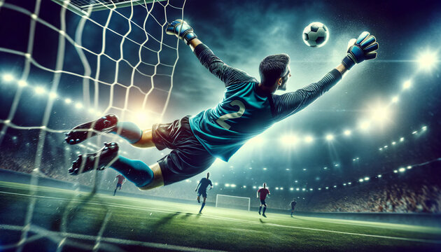 Soccer goalkeeper tries to catch the ball in a Football stadium, Generative AI - Powered by Adobe