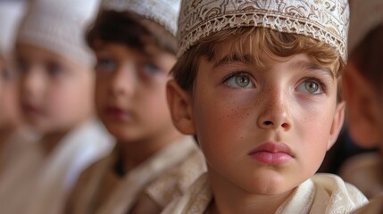 Hopeful gaze of a young boy in a traditional cap among peers, capturing a moment of curiosity and learning. Perfect for educational outreach, cultural exchange programs