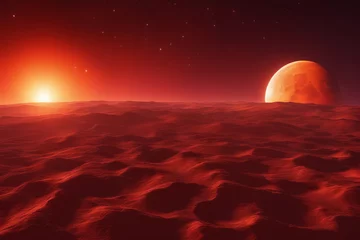 Selbstklebende Fototapeten Red planet with sunset and full moon © Mikalai