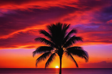 Fototapeta na wymiar Sunset over a palm tree on a tropical beach