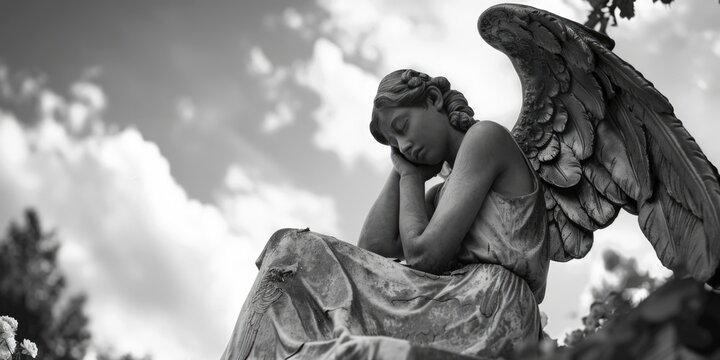 A black and white photo of a majestic angel statue, suitable for various design projects