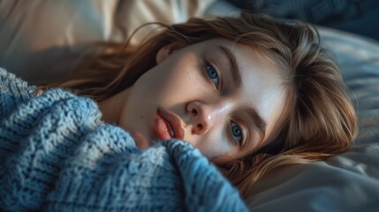 A woman laying in bed with a blue blanket. Suitable for bedroom decor ideas