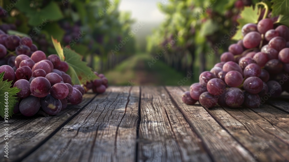 Poster fresh bunch of grapes on rustic table, ideal for food and agriculture concepts