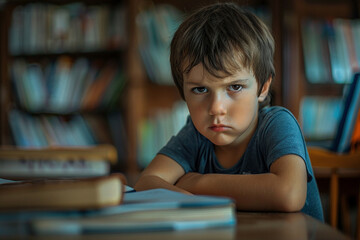 Little Boy With Angry Expression Sitting in Library