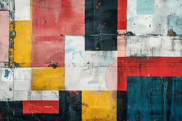 A striking array of textured squares in red, yellow, and black adorns an urban wall, blending...