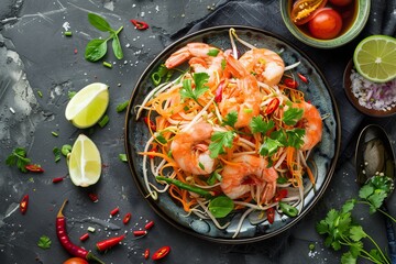 Green papaya salad with shrimp on a table top view - Powered by Adobe