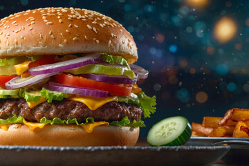Big and delish burger with meat, chees, onion and cucumber. Large hamburger with text copy space