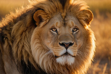 A lion with a long mane and a golden face stands in a field of tall grass. The lion's gaze is fixed...