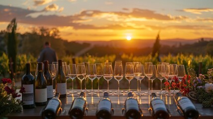 Elegant wine tasting setup with multiple glasses and bottles, overlooking a vineyard during a...