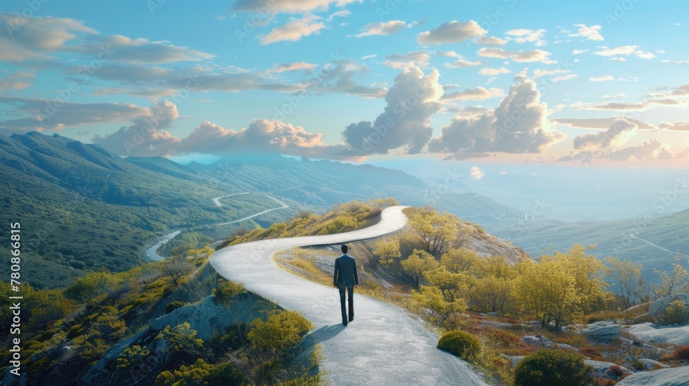 Poster a person standing on a road with a curved path. suitable for transportation concepts