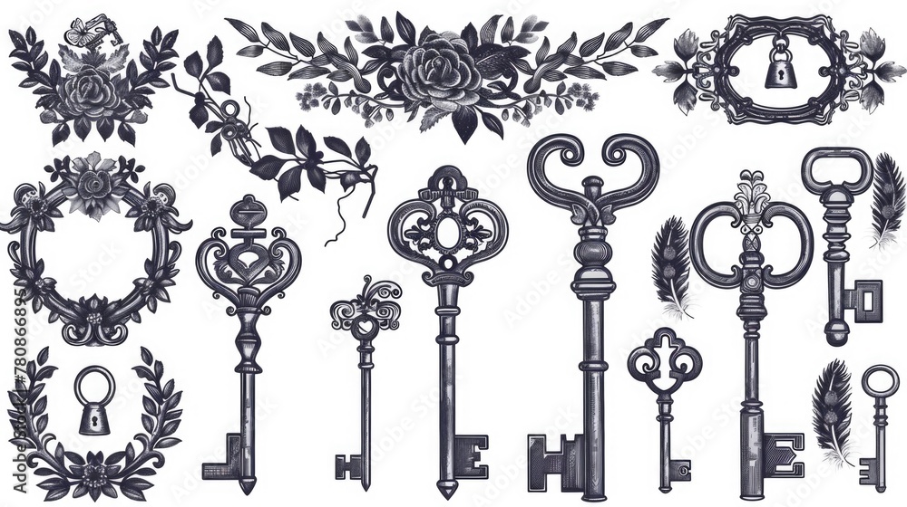 Poster keys and flowers on a plain white background. suitable for various design projects