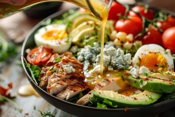 Hand dressing cobb salad with chicken avocado bacon blue cheese tomato and eggs Classic American Keto dish