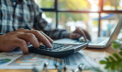 A businessman is working on a desk office using a calculator to calculate finance