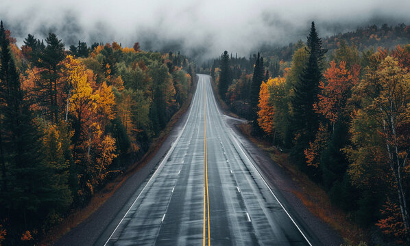 Empty Highway in Autumn Canadian Shield Landscape