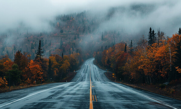 Empty Highway in Autumn Canadian Shield Landscape