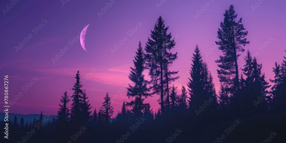 Poster a serene pink sky with a crescent moon in the distance. suitable for various design projects