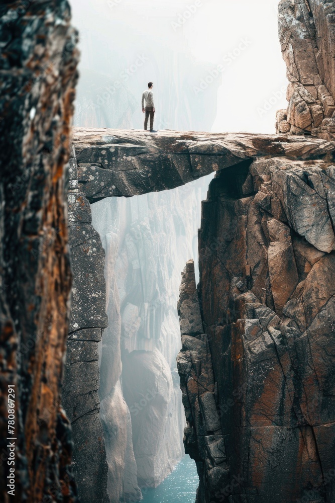 Poster a man standing on top of a bridge over a river. suitable for travel and adventure concepts