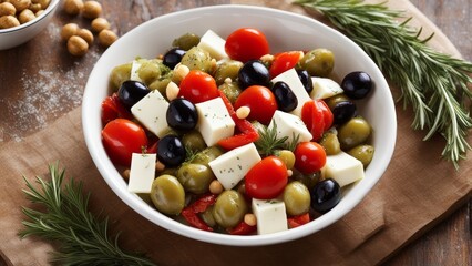 A Mediterranean snack. Green olives, small balls of mozzarella cheese, quartered artichokes and pieces of fried red pepper. Sprinkled with pine nuts and fresh herbs, rosemary and thyme.