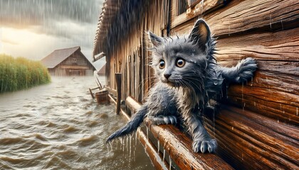 A kitten escapes from a flood - obrazy, fototapety, plakaty